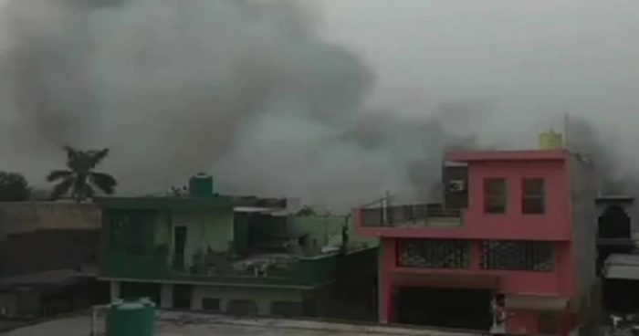 Smoke and fire from the area in which indian Jaguar Aircraft dropped fuel tank and bomb load