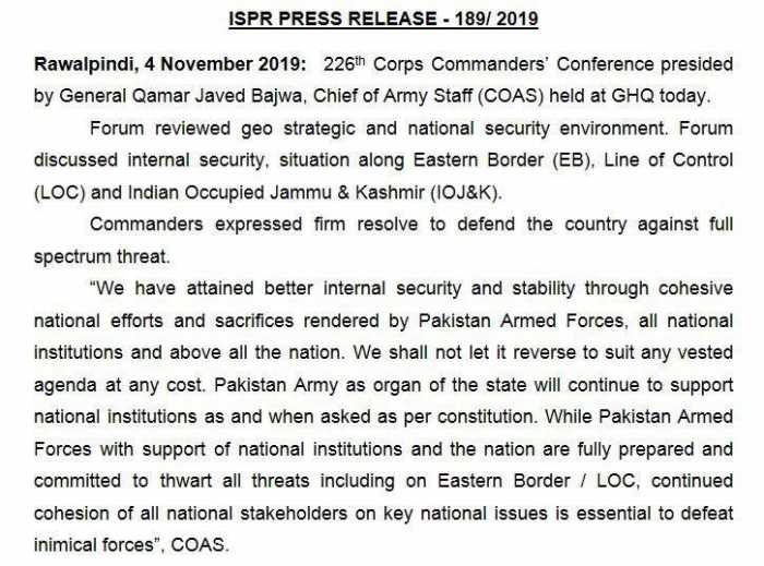 226th Corps Commanders Conference Press Release