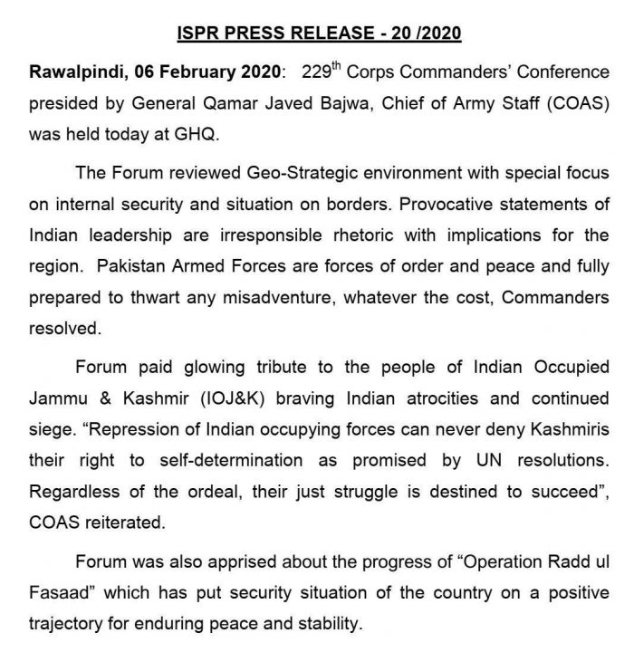 Press Release of 229th Corps Commanders Conference