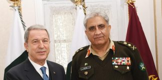 TURKISH Defense Minister General (r) Hulusi Akar meets with the CHIEF OF ARMY STAFF General Qamar Ahmed Bajwa at General Headquarters (GHQ) Rawalpindi