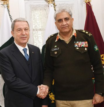 TURKISH Defense Minister General (r) Hulusi Akar meets with the CHIEF OF ARMY STAFF General Qamar Ahmed Bajwa at General Headquarters (GHQ) Rawalpindi