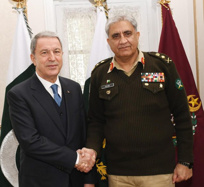 TURKISH Defense Minister General (r) Hulusi Akar meets with the CHIEF OF ARMY STAFF General Qamar Ahmed Bajwa at General Headquarters (GHQ) Rawalpindi