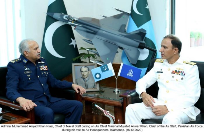 CNS Admiral Amjad Khan Niazi Calls on CHIEF OF AIR STAFF Air Marshal Mujahid Anwar Khan at AIR HQ