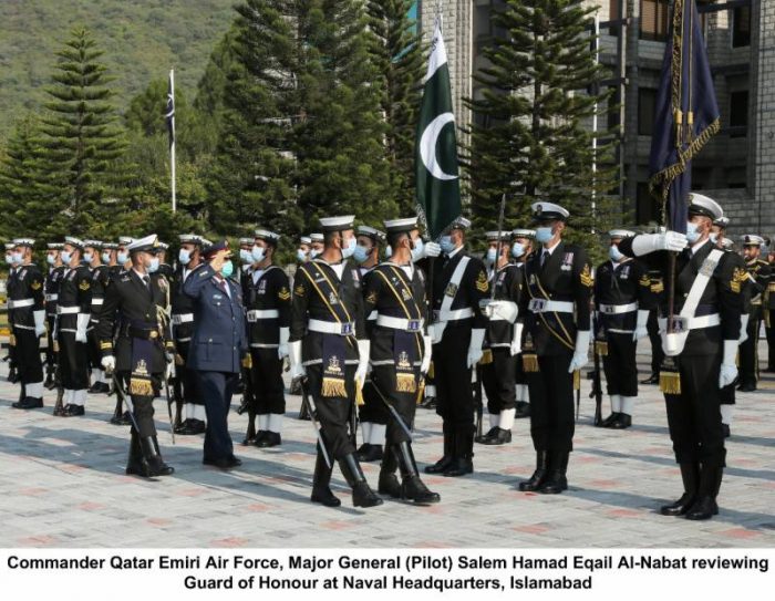 Commander Qatar Air Force Inspecting Guard of Honor during Visit to NAVAL HQ Islamabad