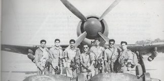 Flt Lt Zafar Masud 2nd from right along with pilots in front of a No 9 Sqn Tempest at Peshawar – Ghazi of 1965 War