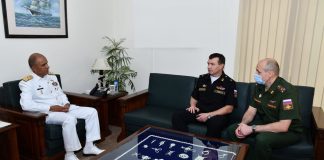 CNS Admiral Amjad Khan Niazi is meeting with Russian Rear Admiral Oleg Apishev during AMAN-21 Exercise