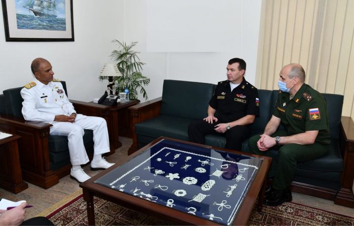 CNS Admiral Amjad Khan Niazi is meeting with Russian Rear Admiral Oleg Apishev during AMAN-21 Exercise