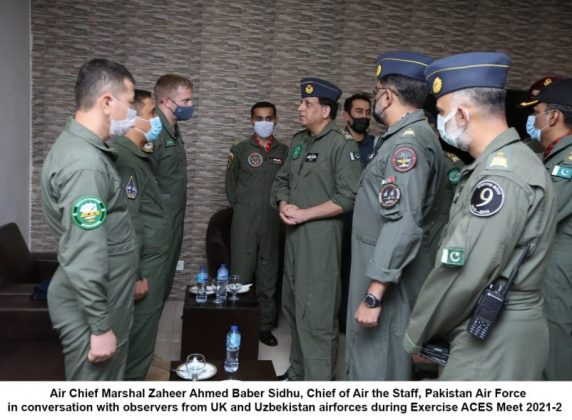 CAS Air Chief Marshal Zaheer Ahmed Babar interacting with the pilots of UK Air Force during the ACES Meet 2021-2 Exercise