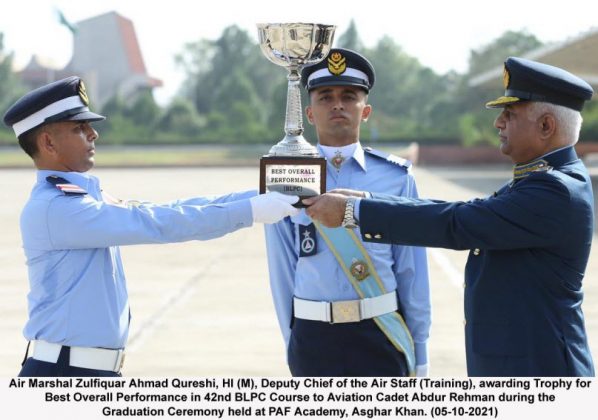 PAF Aviation Cadet Abdur Rehman receiving Trophy for Best Overall Performance