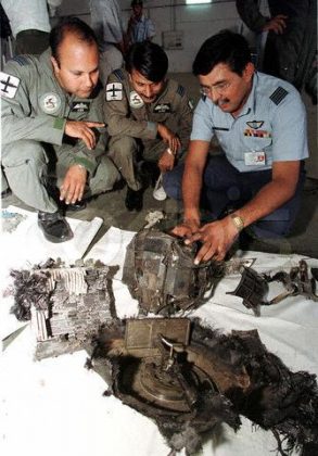 Wreckage of destroyed indian air force israeli-made Searcher-II UAV
