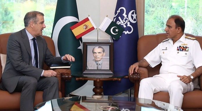 Spanish Ambassador And PAKISTAN NAVAL CHIEF CNS Admiral Muhammad Amjad Khan Niazi Discusses iranian And indian State Sponsored Terrorism At NAVAL HQ Islamabad