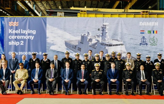Keel Laying Ceremony Of PAKISTAN NAVY Second Cutting Edge And Highly Advanced Second Stealth Warship OPV-2600 Held At Damen Shipyard Galati In Romania